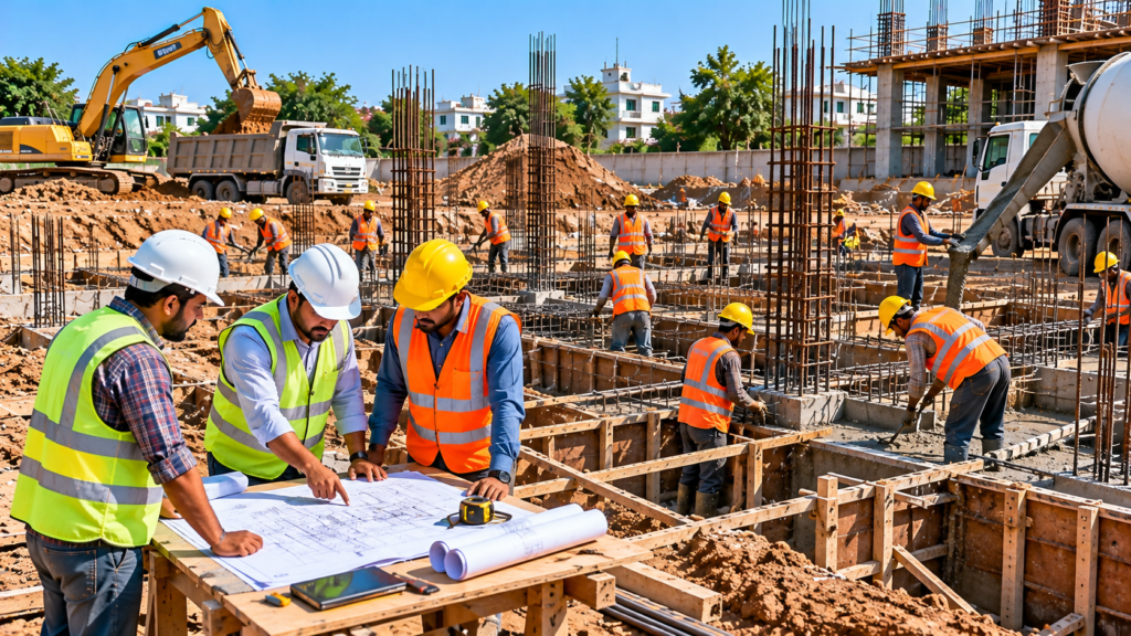 Sama Contractor coordinating construction site workers and foundation work