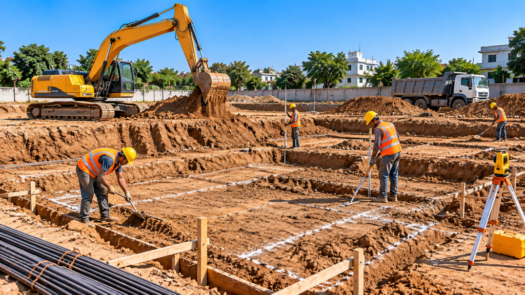 Sama Contractor foundation preparation and excavation work at a construction site