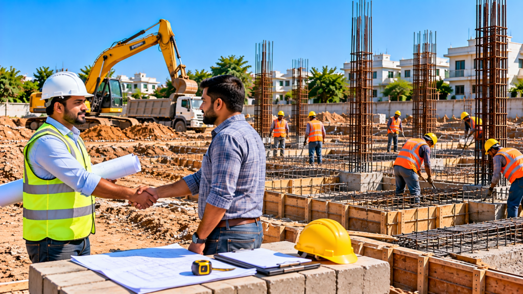Sama Contractor discussing foundation construction work with a client at a building site